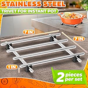 2 Pcs Metal Trivets for Hot Dishes–Stainless Steel Trivet Set 7 x 7 Heat Rust Resistant Rubber Anti Slip Feet for Countertops Tables Protects Surfaces from Hot Pots Pans and Bakeware