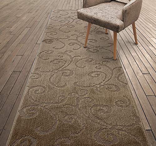 Custom Length Hallway Carpet Runner Rug, Slip Resistant, 26 Inch Wide X Your Choice Of Length, Scroll Cappuccino, 26 Inch X 7 Feet, Sold And Priced Per Foot #TOP1