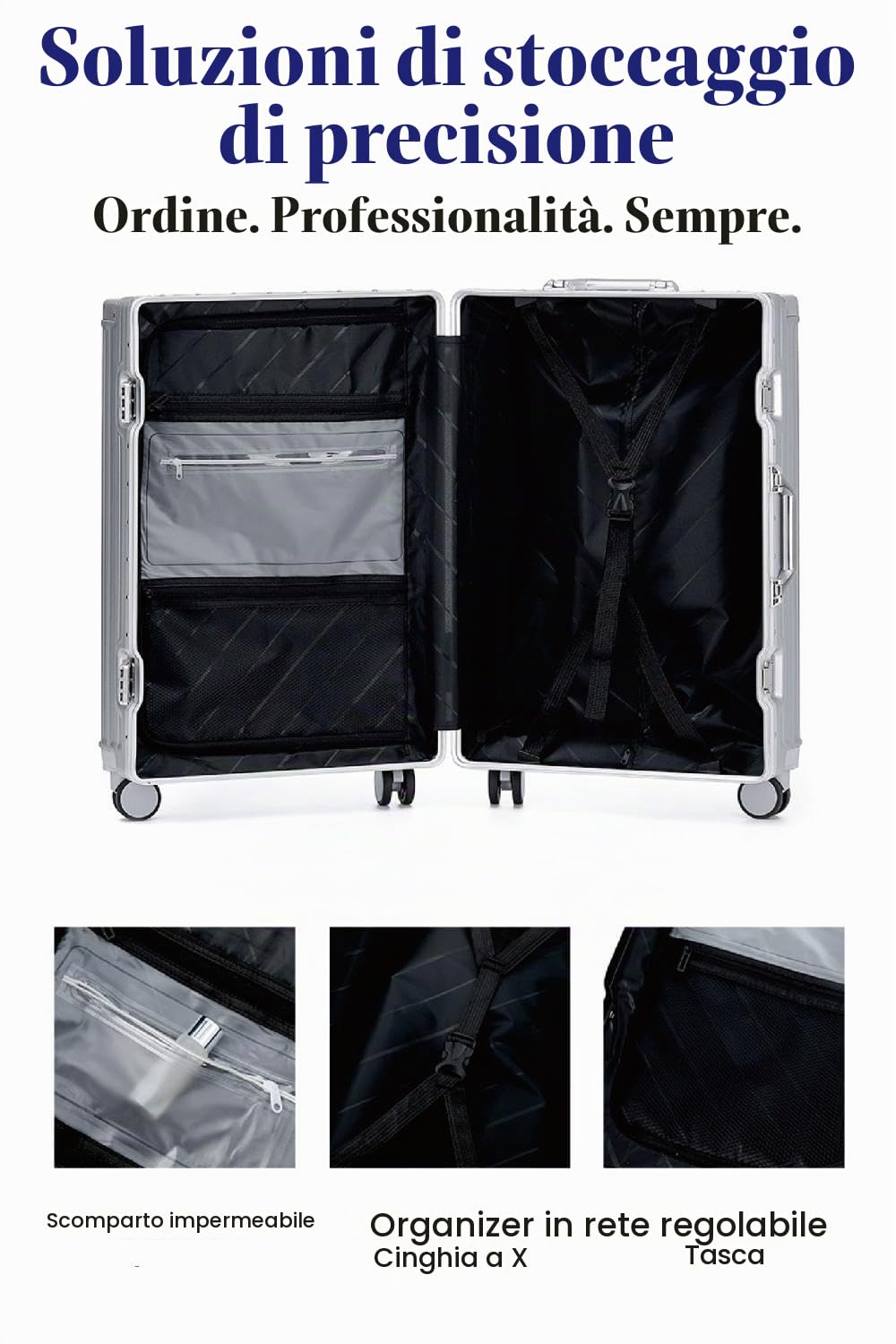 Aoliwei Valigetta S da 55 cm - Valigia con telaio in alluminio in policarbonato 100%, circa 40L - Valigia da viaggio premium con portabicchieri e lucchetto TSA - Silenzioso trolley a 4 ruote, argento
