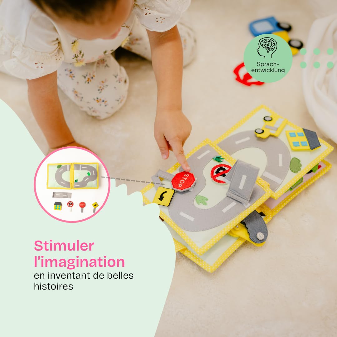 Jolly Designs Mini Quiet Book Mon Premier Tracteur – Jouet Montessori dès 18 Mois – Livre d‘activités en Feutrine – Livre Tissu éducatif sur Les véhicules & la sécurité routière