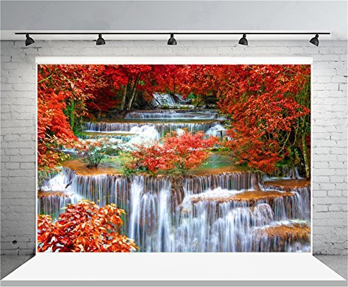 Aofoto 8X6Ft Falls Backdrop Cascades Photography Background Waterfall Nature Landscape Travel Adult Man Artistic Portrait Autumn Red Leaves Scenic Photo Shoot Studio Props Video Drop Wallpaper Drape #TOP2