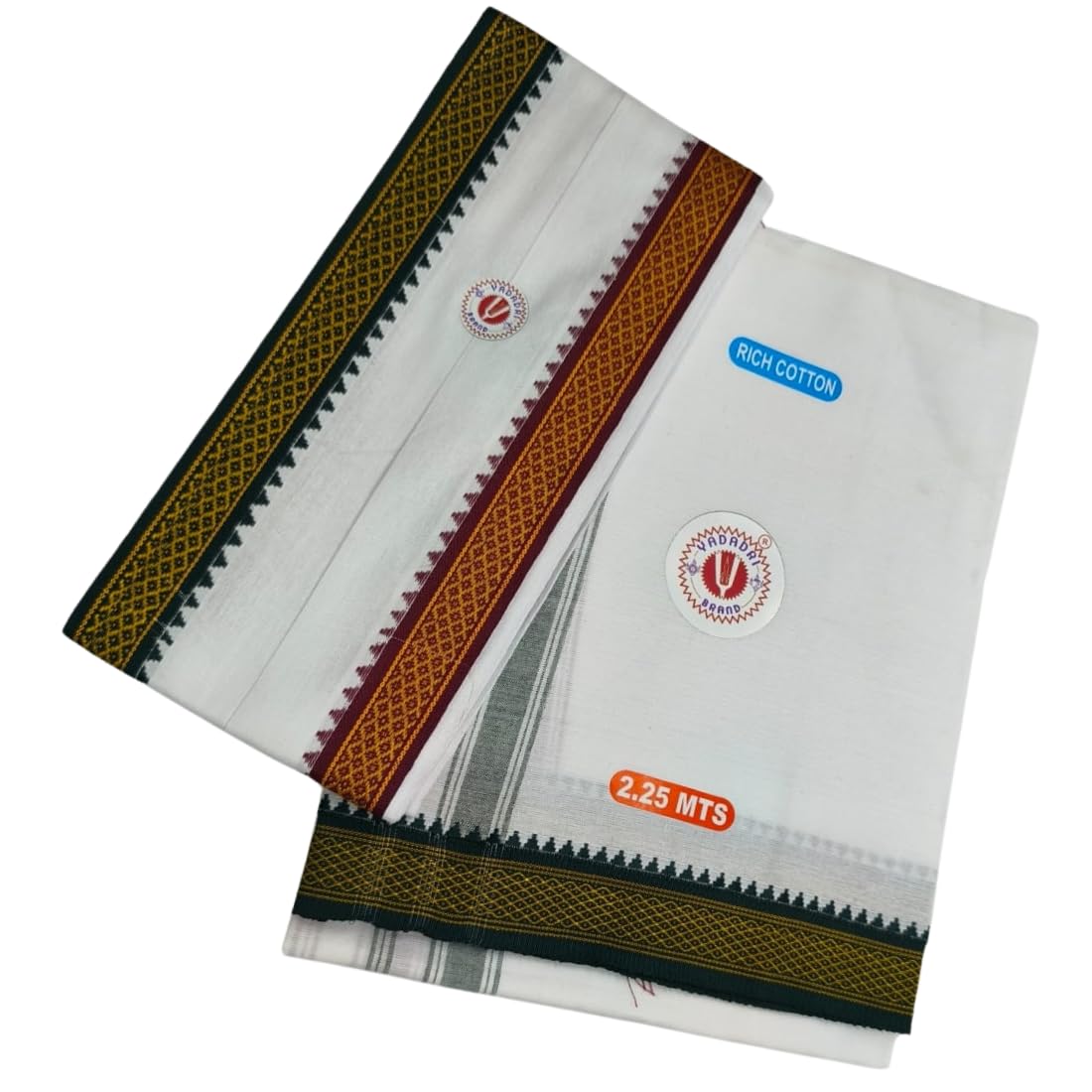 Shri Bhargavas Men's Traditional Cotton Dhoti (2.0 Mtrs) + Angavastram (1.75 mtrs) - Red & Green Border-image-27