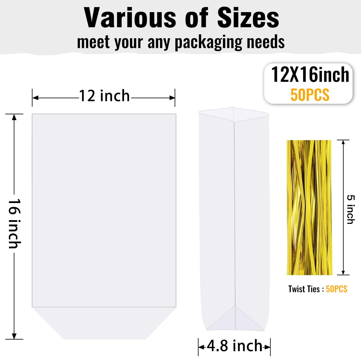 50Pcs 12X16 inch Bottom Gusset Bags Clear Cellophane Gift Wrap Wrapping Plastic Large Cello Bags for Party Favors Treats Mug with 5" Twist Ties