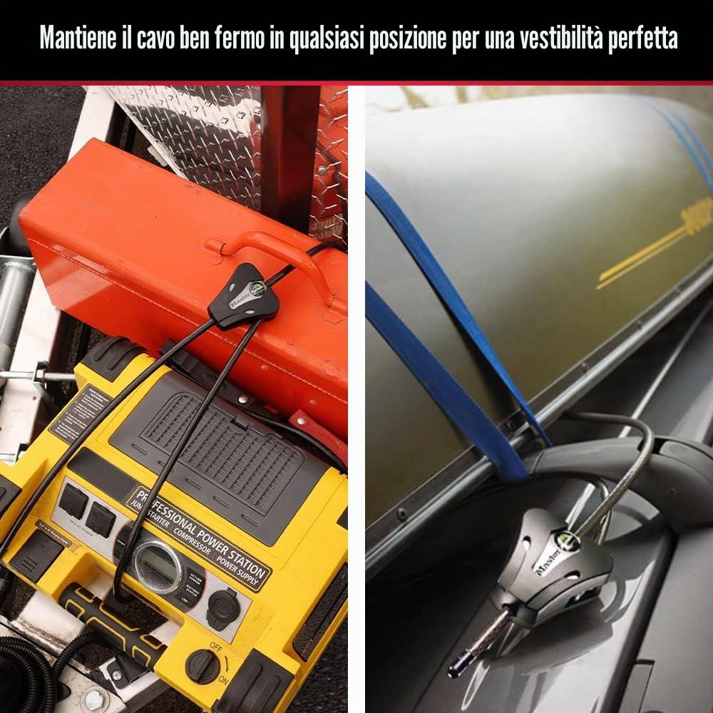 Master Lock, Lucchetto per bici con cavo nero e chiave, cavo regolabile in metallo con rivestimento in vinile, resistente alle intemperie, per attrezzature da esterno, biciclette, telecamere trail,