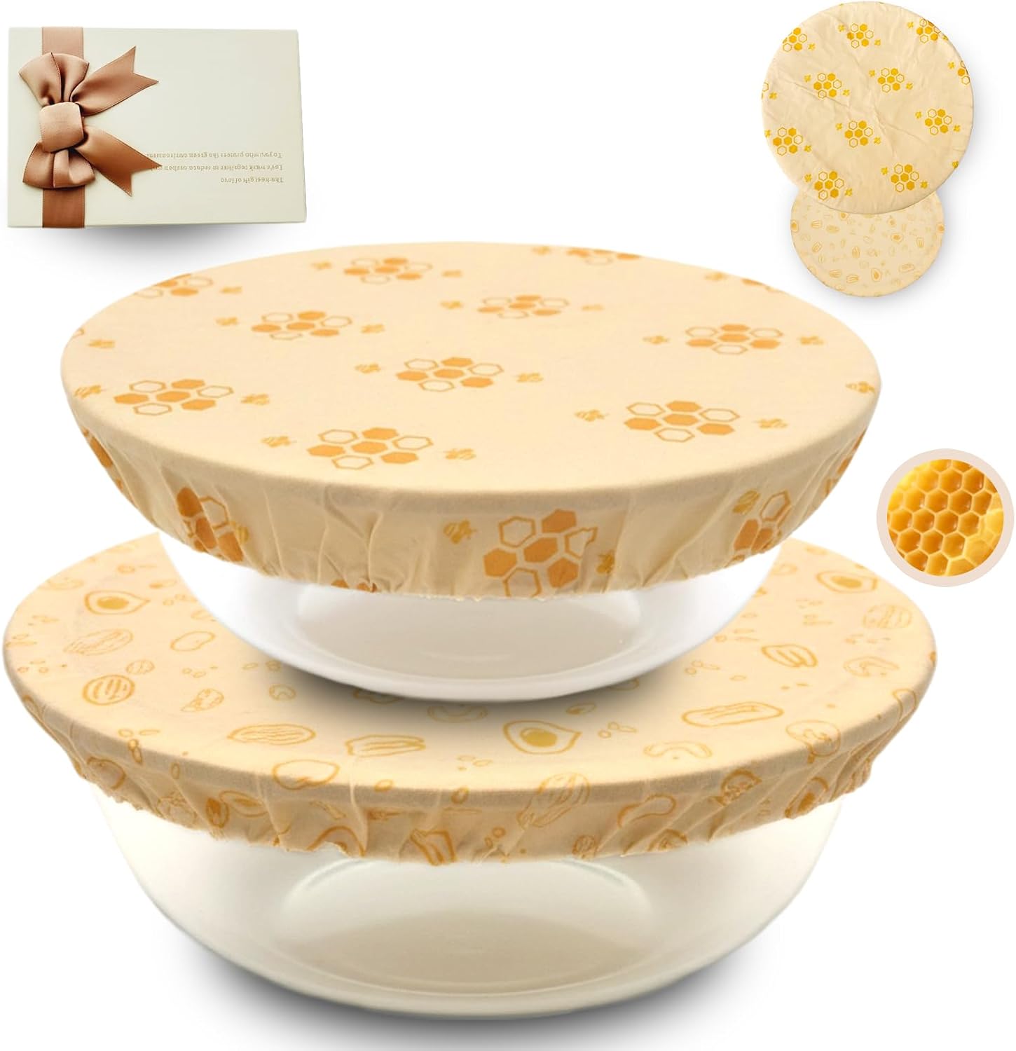 Beeswax Bowl Covers 2-Pack [10 & 12 Inch] - Reusable Shower Cap Covers for Sourdough Bread Proofing, Elastic & Natural Food-Grade Lids for Mixing Bowls