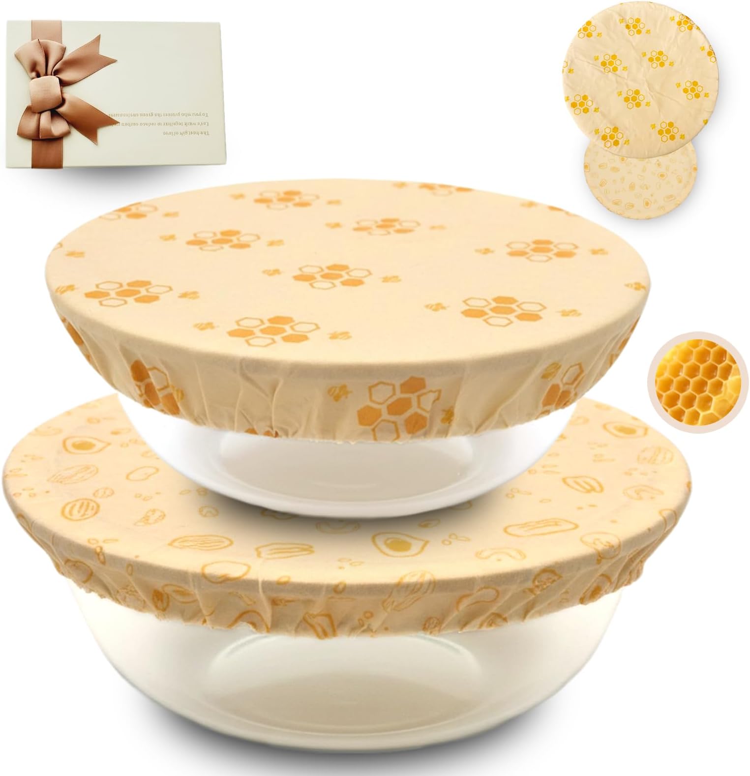 Beeswax Bowl Covers 2-Pack [10 & 12 Inch] - Reusable Shower Cap Covers for Sourdough Bread Proofing, Elastic & Natural Food-Grade Lids for Mixing Bowls