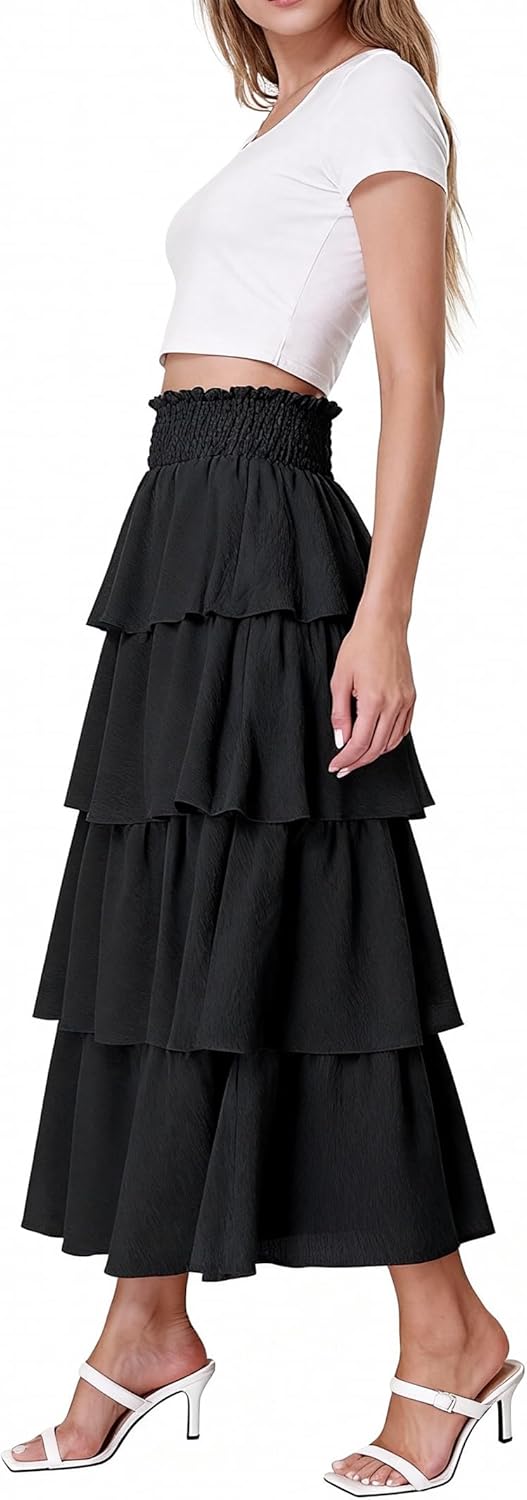 Casly Lamiit Womens Maxi Skirt Flowy High Waisted Tiered Layered Long Skirt for Party Wedding