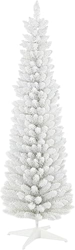 HOMCOM Árbol de Navidad artificial flocado de nieve de 6 pies, árbol de Navidad delgado con ramas realistas y base de plástico para decoración de