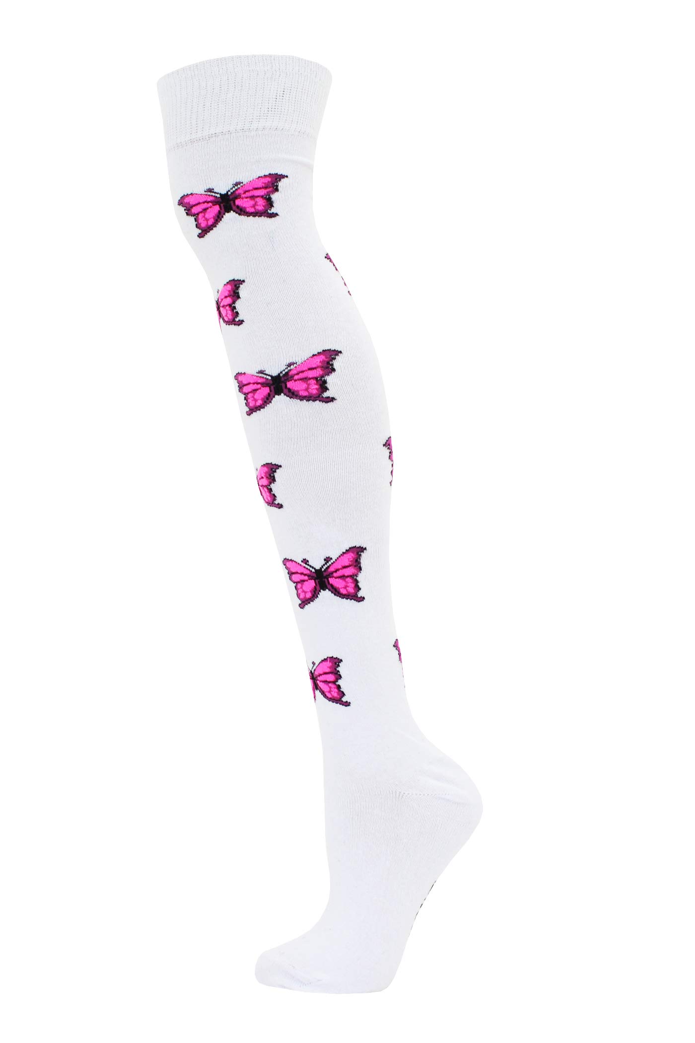 macahel Bright Over The Knee Butterfly Design On White Background Socks Size 4-8 (Butterfly White)