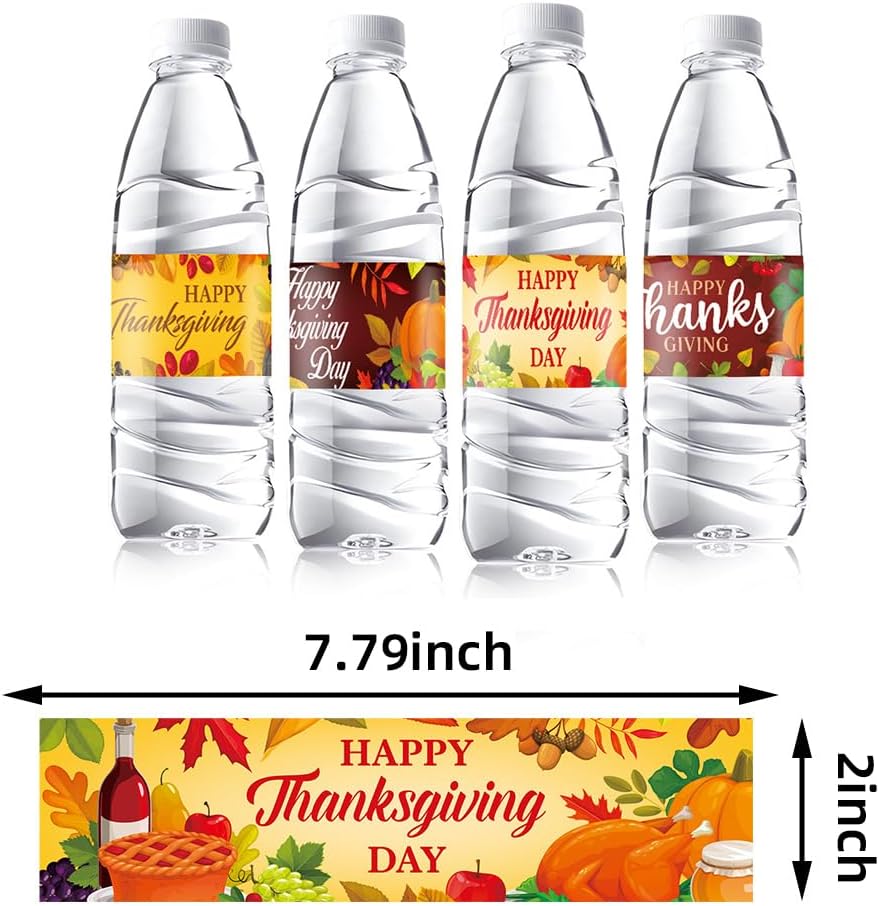16Pcs Thanksgiving Water Bottle Labels, Fall Self Adhesive Waterproof Happy Thanksgiving Bottle Wraps Stickers for Thanksgiving Party Decoration Supplies