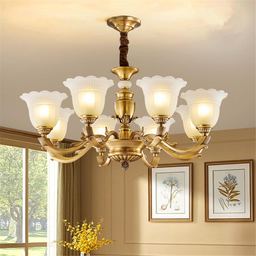 HXYSXHJUO American Brass Pendent Lamp European Luxurious Living Room Dining Bedroom Villa Hotel Sample Chandelier (H 8 Lights)
