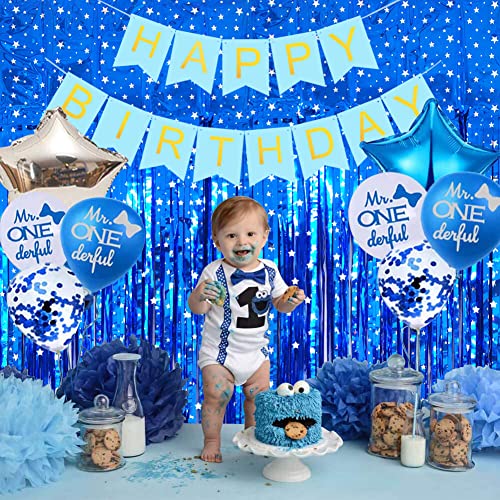 Image of TONIFUL 2Pcs Blue Metallic Tinsel Foil Fringe Curtains with Star,Blue Photo Booth Backdrop Streamer Curtain Photo Booth Props for Bachelorette Party,Birthday,Halloween,Christmas Decor(6.6ft x 6.6ft)