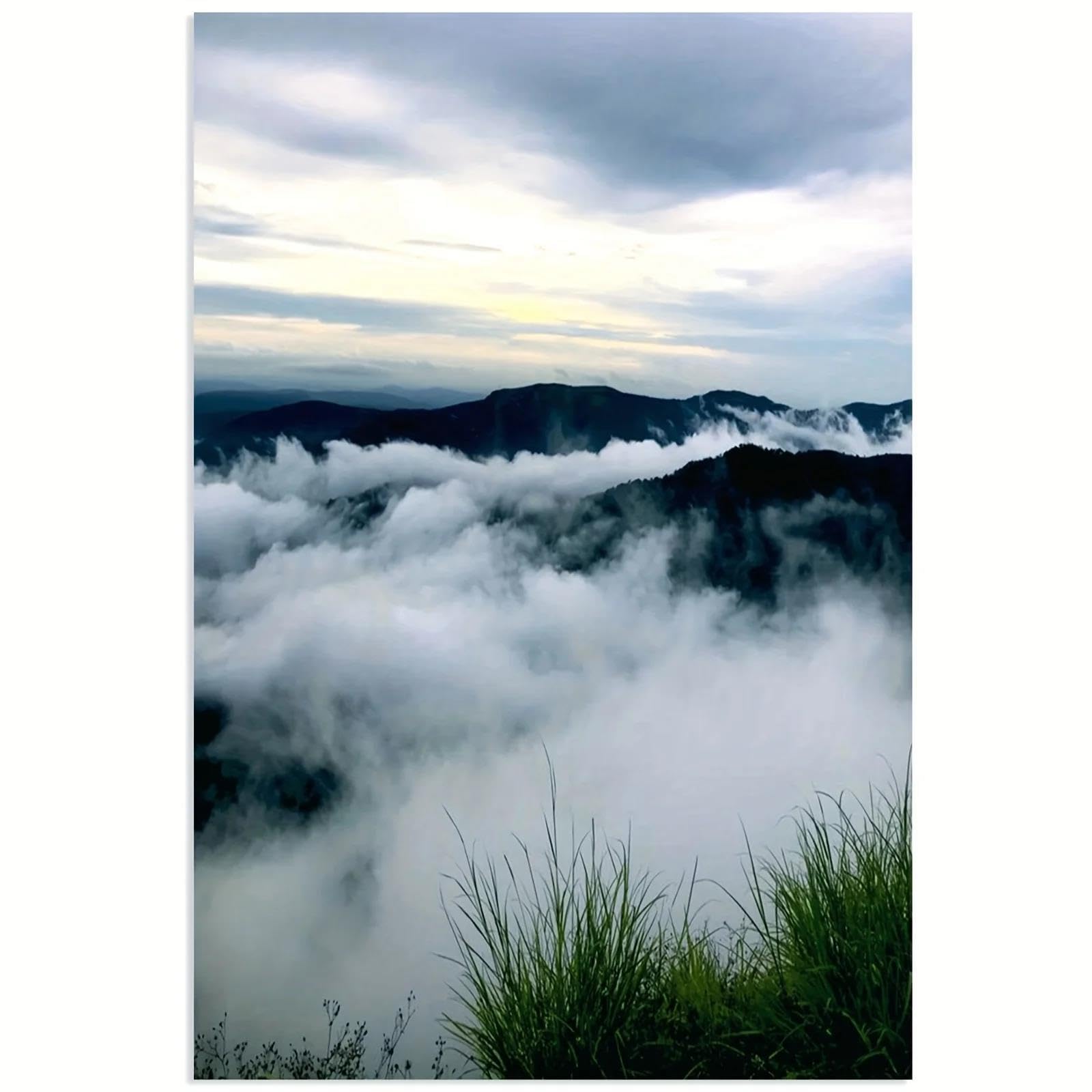 Yocheng Canvas Poster Serene Green Mountains & Clouds Landscape,Ideal For Bedroom,Living Room,Hallway Wall 21x30cm No Frame