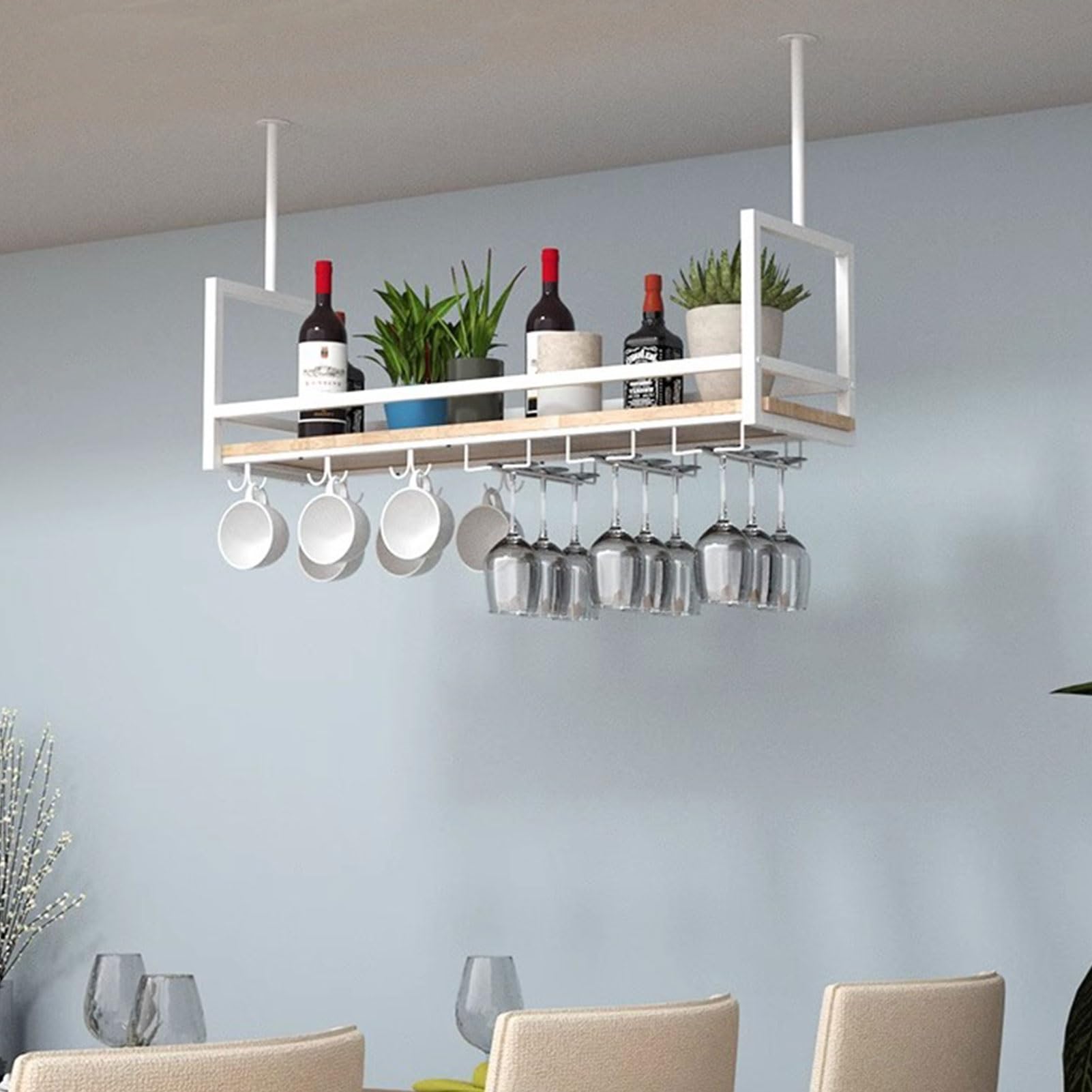 Étagère de plafond blanche suspendue, rangement bouteilles et plantes déco