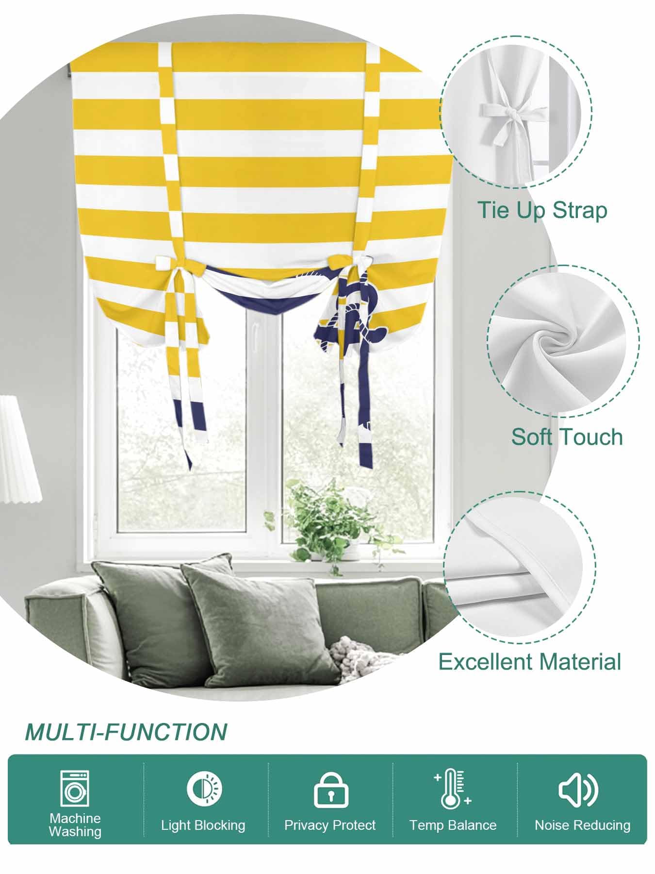 Tie Up Curtains for Windows Yellow Striped Roman Shade 52 x 45 Inch Bathroom Curtain Window Navy Blue Nautical Anchor Geometric Rod Pocket Short Balloon Curtains for Living Room Kitchen Small Blinds
