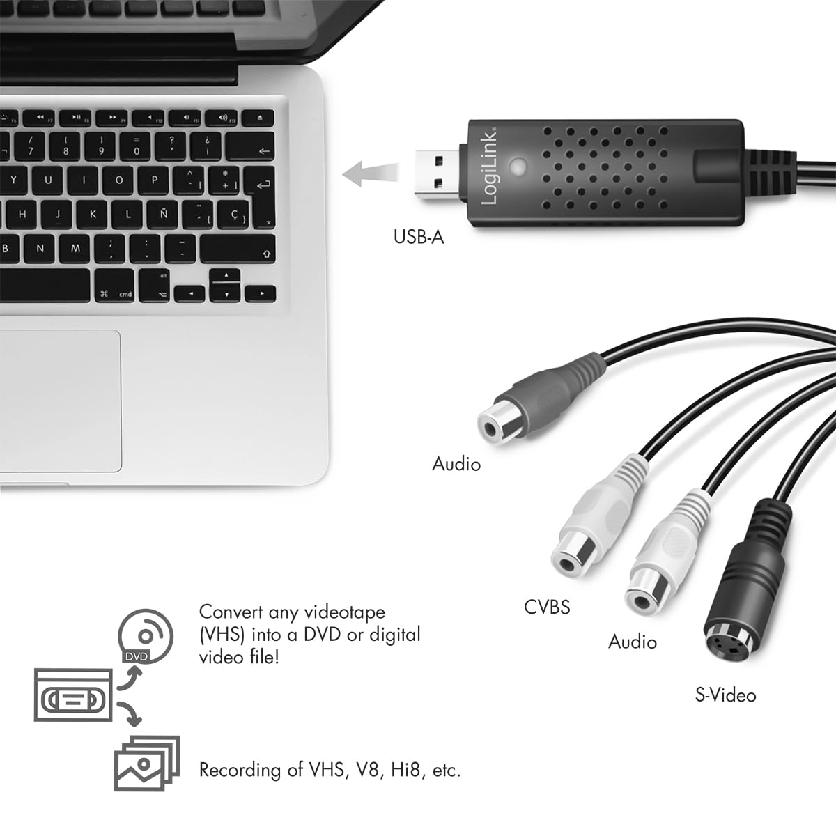 LogiLink VG0030A - USB 2.0 Audio/Video Grabber, 3 x cinch + miniDIN5 (S-Video) do Windows 7/8/10/11, Mac OS 10.7 lub nowszych, Android 5.0 lub nowszy