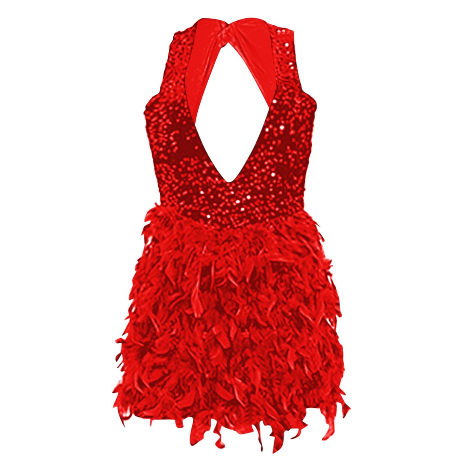 Jupe à Paillettes et Plumes pour Femme avec Dos Nu et décolleté en V Profond Jupe Plissée Courte Sexy