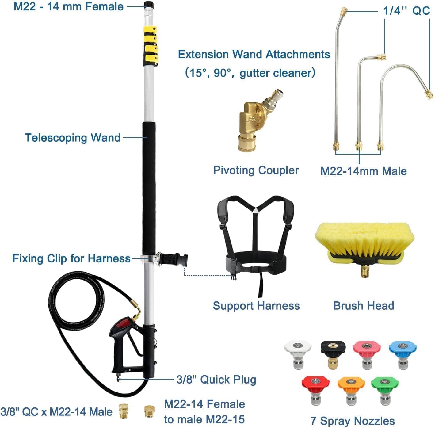 Asta telescopica ad alta pressione da 24 FT con aste di estensione, testa della spazzola, pulitore per grondaie, 7 ugelli spray, 2 adattatori per tubo e cintura di supporto