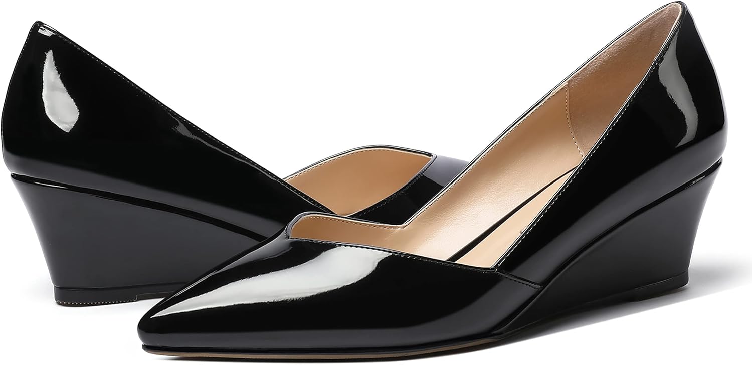 MODENCOCO Women's Slip On Professional Office Pointed Toe Patent Wedge Low Heel Pumps Shoes 2 Inch
