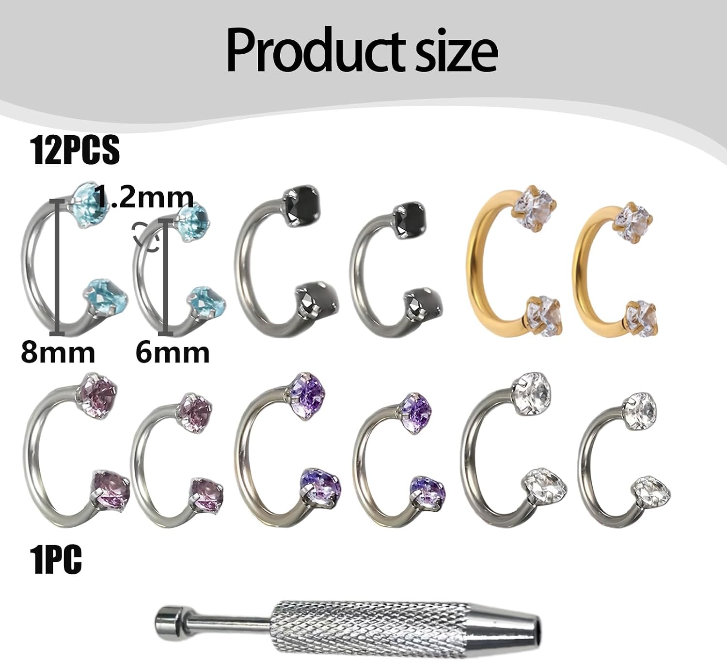 13 PCS Hoop Nose Rings for Women with Noses Ring Tool, Horse Shoe Nose Rings for Women, 6mm and 8mm Horseshoe Noses Ring Hoops for Womens Men Daith Lip Piercing