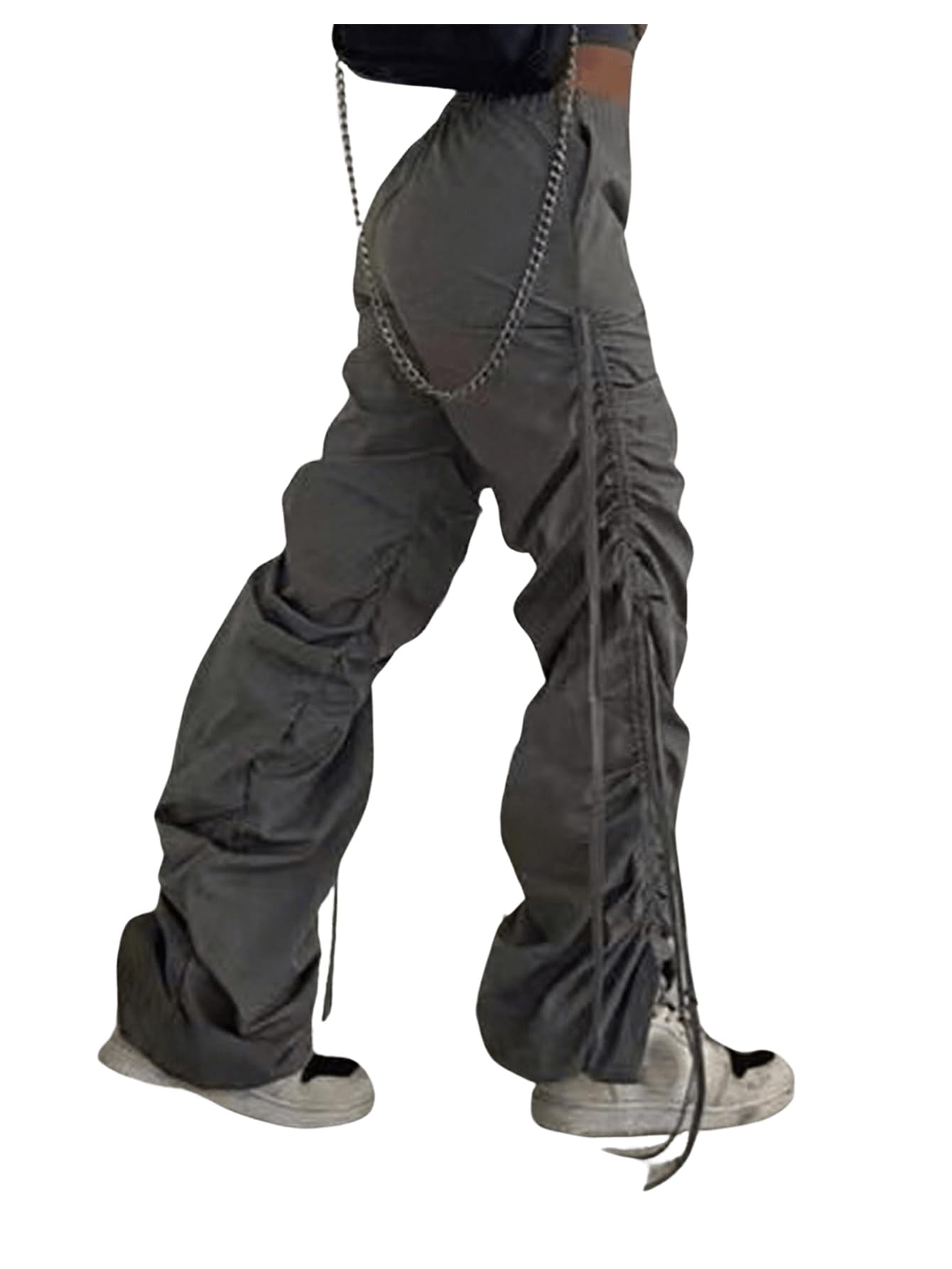 GORGLITTER Women's Plus Size Ruched Drawstring Pants Y2K Elastic High Waisted Solid Street Parachute Pants Grey 2XL