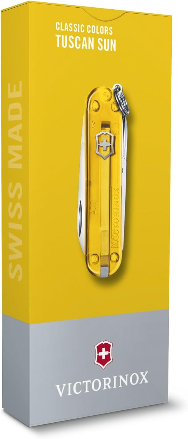 Victorinox Classic SD Swiss Army Knife, Compact, 7 Functions, Swiss Made Pocket Knife with Small Blade, Screwdriver and Key Ring- Yellow Transparent
