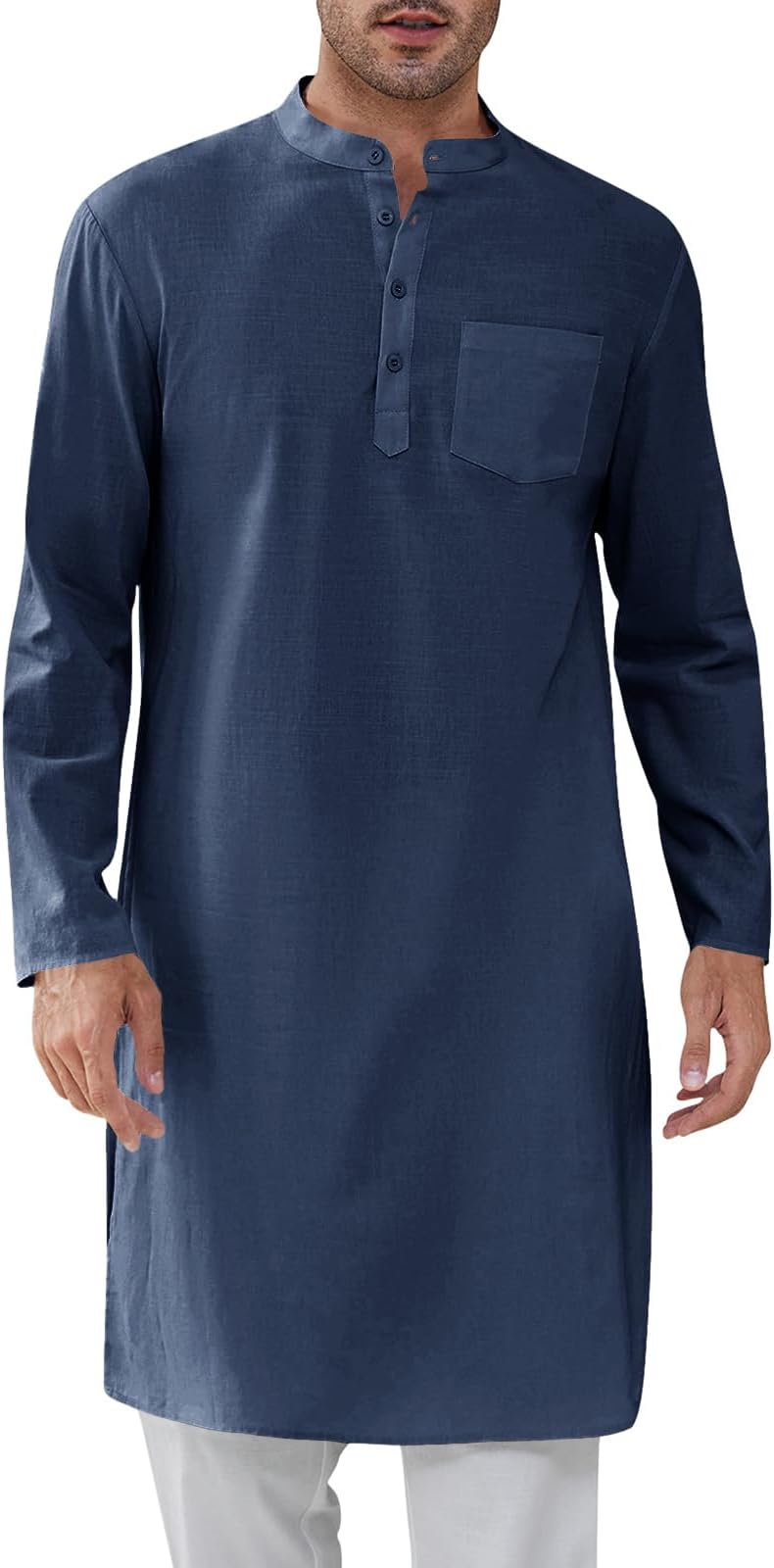 Mens Kaftan Robe Button Down Long Sleeve Henley Cotton Thobe Casual Side Split Gown Shirt