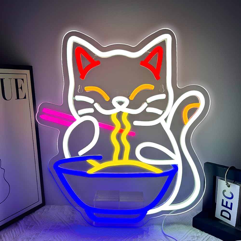 Cat Ramen Ramen Gatto Segno al neon per la decorazione della parete, Lucky Ramen Fortune Gatto Noodle Dimmable Led Segni giapponesi Maneki Neko Segni, Resturant Girls Room Art Decor