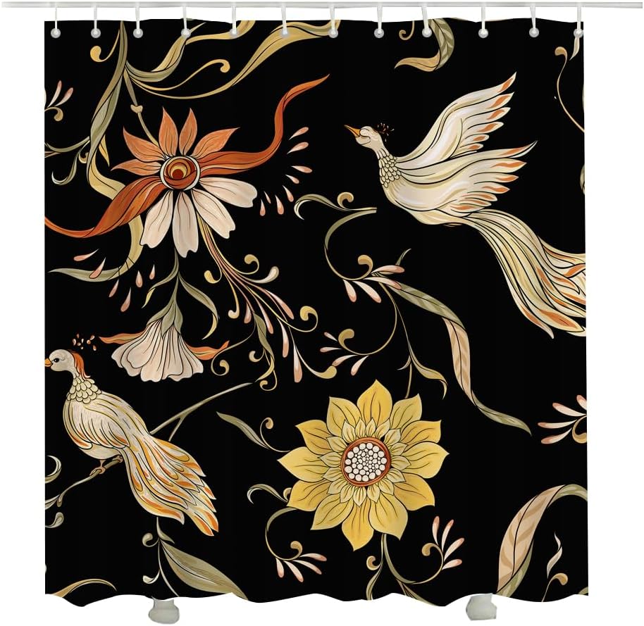 Flowers and Birds Shower Curtain Art Nouveau Style Vintage Old Retro Style Shower Curtain with Hooks Bathroom Decorative Accessories 72 x 72 inch