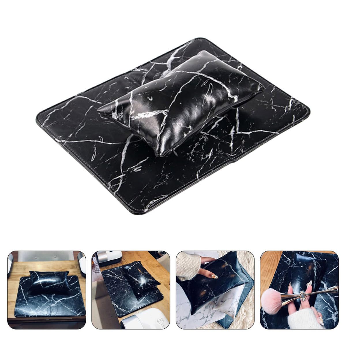 INOOMP Manicure Hand Pillow and Nail Art Arm Rest Set, Foldable Black Marble Pattern Hand Pad with Cushion for Professional Nail Techs and Home Use