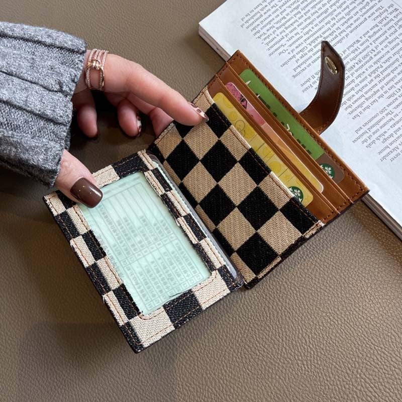 Women's Colorblock Plaid Pattern Compact Wallet, Colorblock Plaid Pattern Short Wallet, Multi-card Slot Black and White Plaid Credit Card Holder, Canvas Card Holder Wallet with ID Window (Black)3