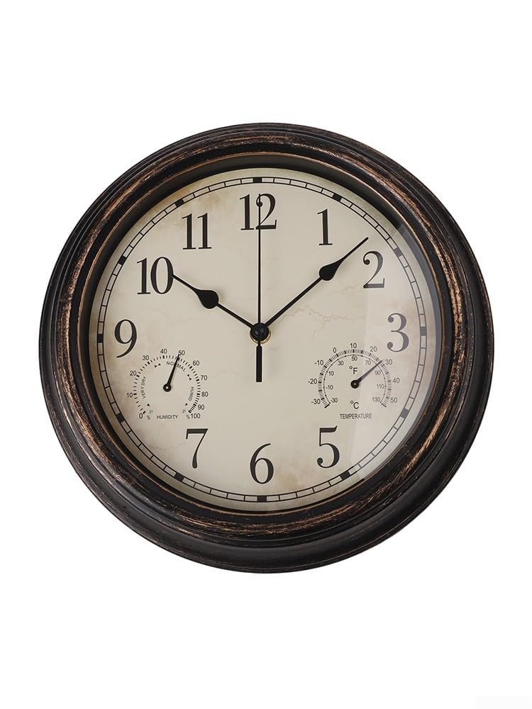 30,5 cm wetterfeste Wanduhr mit integriertem Thermometer und Hygrometer, geräuschlose Outdoor-Gartendekoration, Vintage-Stil, Kunststoffrahmen (Bronze-Gold)