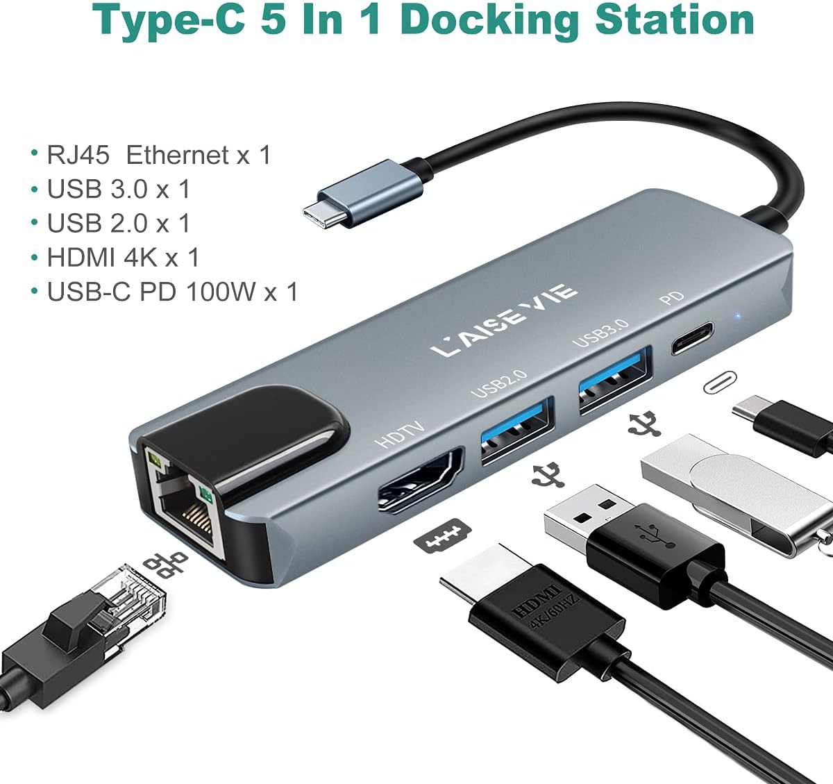 USB C Hub, 5 in 1 USB C 4K@32Hz HDMI Adapter with Ethernet Port, 100W Power Delivery PD Type C Charging Port, USB 3.0& 2.0 Adapter Compatible for MacBook Pro, Chromebook, XPS, and Devices Silver image 2 of 7 B09963DQ6Q