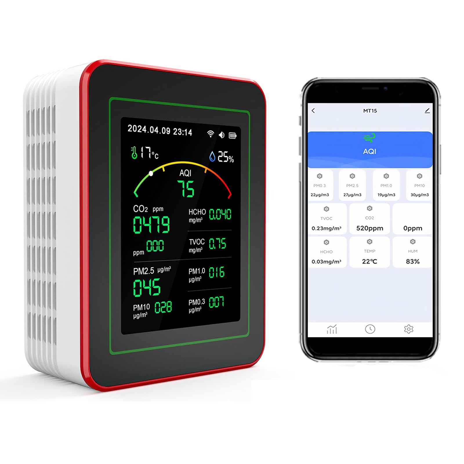 Medidor de Calidad del Aire Interior 15 en 1 con App - 2 Chips Sensores Precisos de CO2,PM2.5/PM10,HCHO,TVOC | Alertas en Tiempo Real y Análisis para la Salud | Fácil Lectura,Ideal para Hogar,Oficina