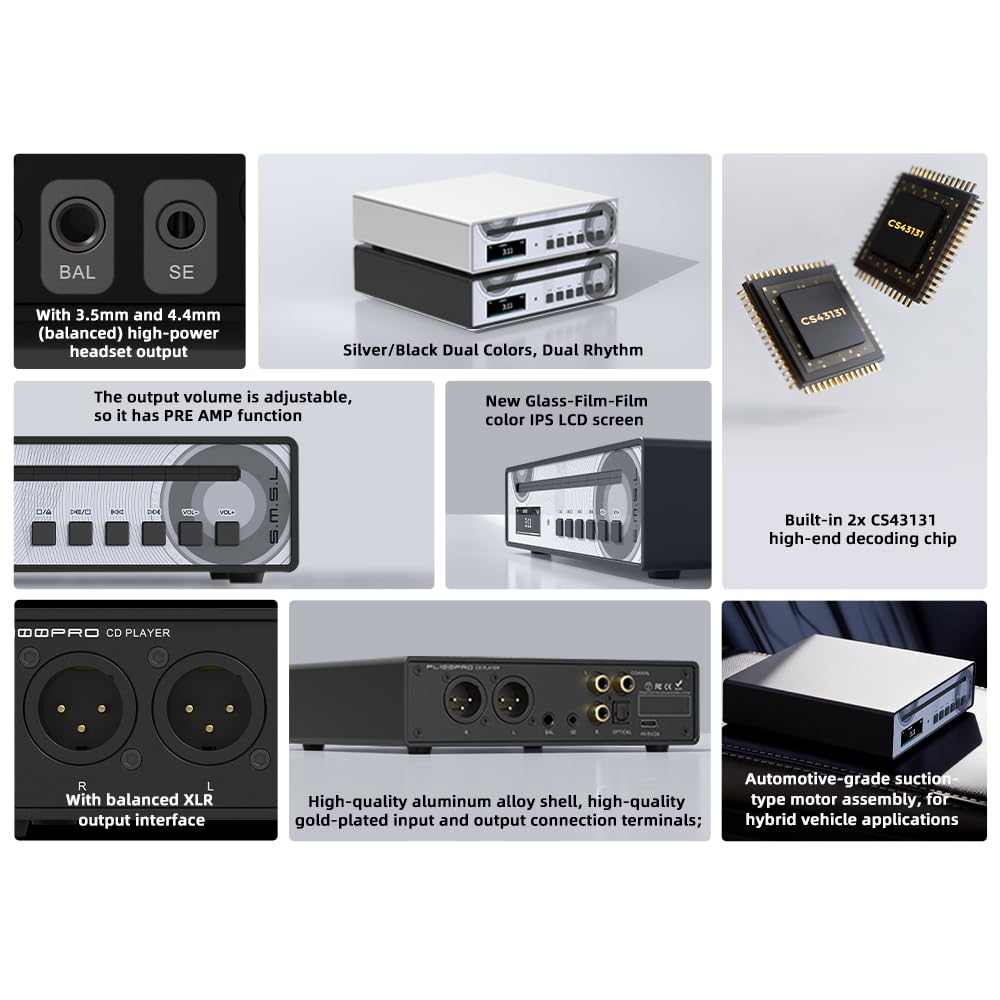 SMSL PL100PRO - Reproductor de CD, RCA/óptico/coaxial/XLR balanceado/salida de auriculares de 3.5 + 4.4 mm, 200 mW 32Ω, 2 chips DAC CS43131 de gama alta, compatible con discos CD-R/CD-RW/MP3