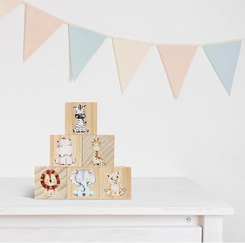 Miniatura 5 de Kigley 6 piezas de decoración de guardería para niñas y niños, decoración de estante de acuarela para dormitorio, sala de juegos (animales de safari)
