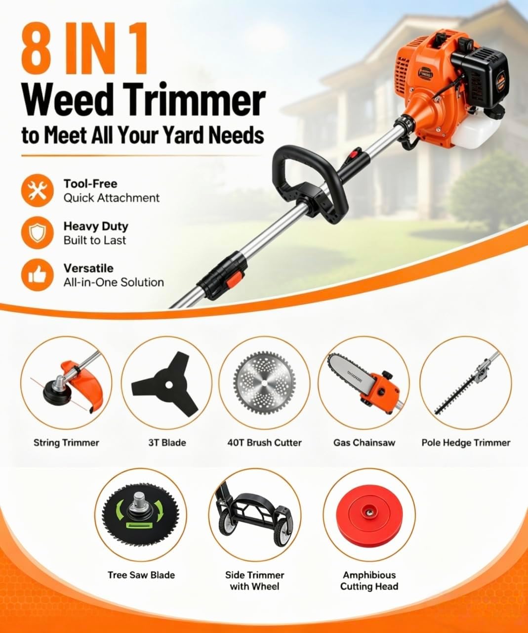8 in 1 Gas Weed Eater, 52cc 2 Stroke Petrol Weed Wacker, Hedge Trimmer, Brush Cutter, String Trimmer, Pole Saw Chainsaw with Extension Rod Full Functioning Guard Accessories Orange