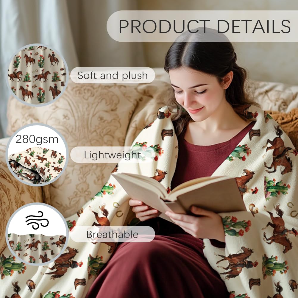 GLOBLELAND Western Cowboy Throw For Women Men 59×51 inch Cactus Horseshoe Cowboy Hat Soft Cozy Flannel Blanket Washable Fuzzy Throw Blanket for Home Office Room Bed Sofa Chair Gift - Image 3