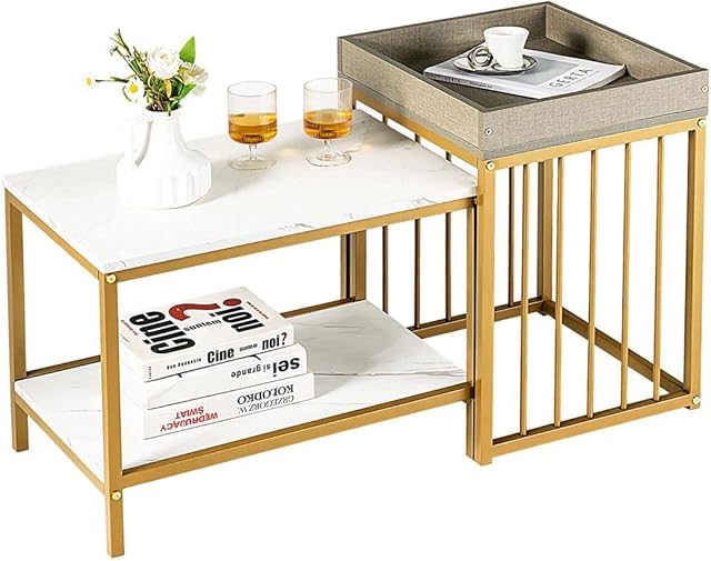 COSTWAY Nesting Coffee Tables Set of 2, Faux Marble Stackable Sofa Side Table with Top Tray and Storage Shelf, Metal Frame Accent Tea End Table for Living Room Bedroom