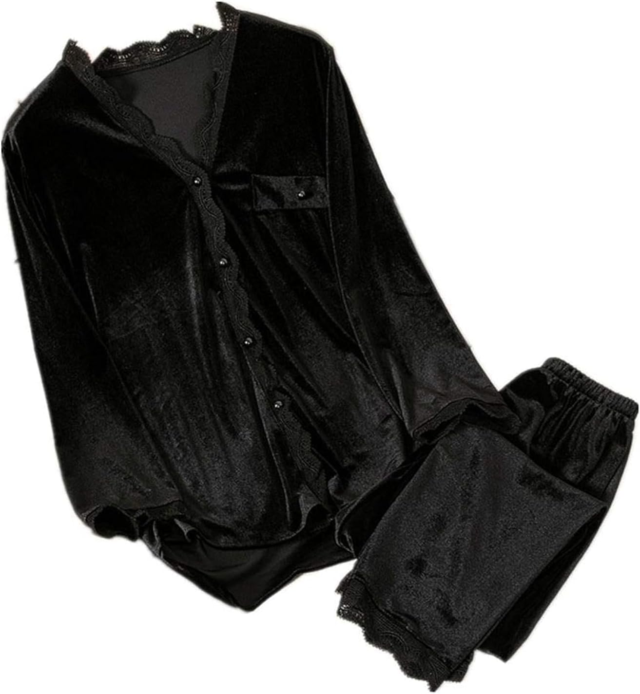 Velvet Pajamas Women Autumn Winter Sleepwear Long Sleeve Casual Nightwear Pyjamas Suit Loose Home Clothes Lace Trim Sleep Set, L, Black