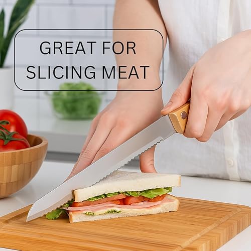 Miniatura 4 de KITCHEN DIVA Cuchillo de cocina jumbo de doble cara de hoja SS de 11 pulgadas, bordes de corte duales, mango ergonómico de madera, acero inoxidable