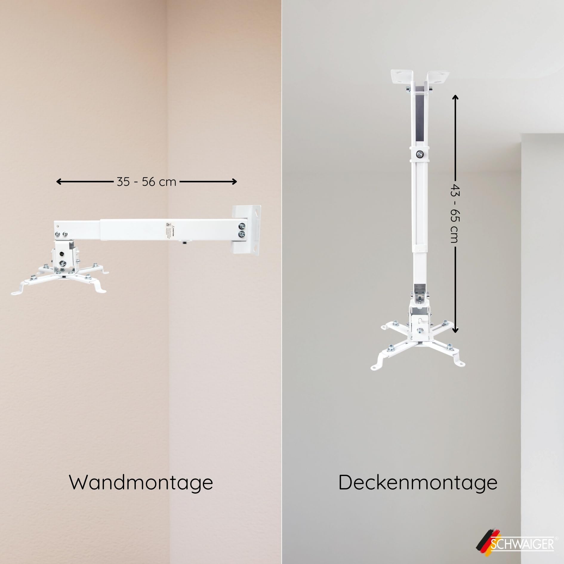 SCHWAIGER 9468 Support Plafond pour vidéoprojecteur Support Mural Universel pivotant inclinable Max. 20 kg Blanc