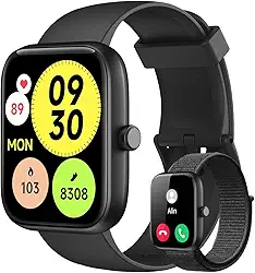 Smartwatch Relógio Inteligente, Tela HD de 1,83' Relógio Fitness com Alexa, 120 Esportes, Frequência Cardíaca e Monitoramento do Sono, IP68 à rova d'água, Compatível com Android iOS, 2 Pulseiras Preto