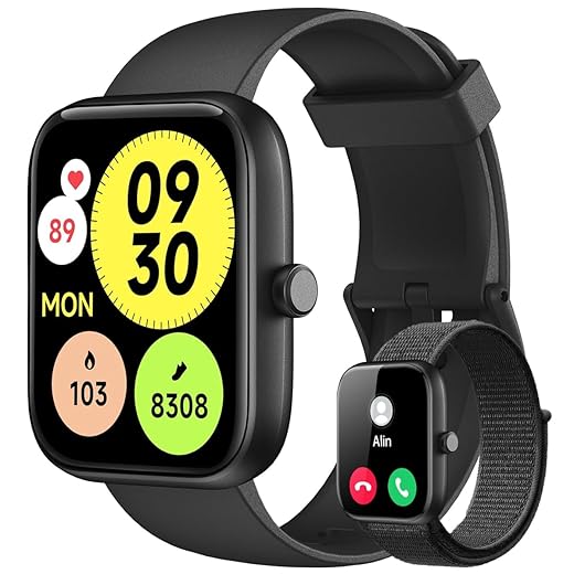 Smartwatch Relógio Inteligente, Tela HD de 1,83" Relógio Fitness com Alexa, 120 Esportes, Frequência Cardíaca e Monitoramento do Sono, IP68 à rova d'água, Compatível com Android iOS, 2 Pulseiras Preto