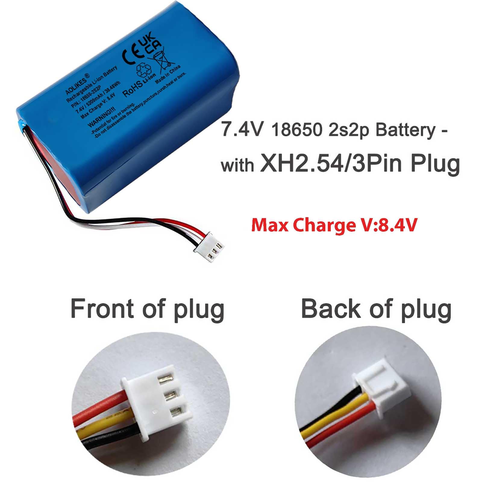 AOLIKES Batterie lithium-ion rechargeable 18650 2s2p 5200 mAh 7,4 V avec connecteur XH2.54/3P mâle / cellules 5C / prend en charge la charge rapide