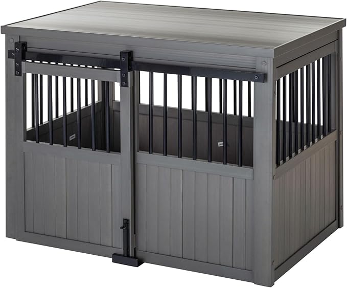 New Age Pet® ECOFLEX® Homestead Sliding Barn Door Furniture Style Dog Crate Grey