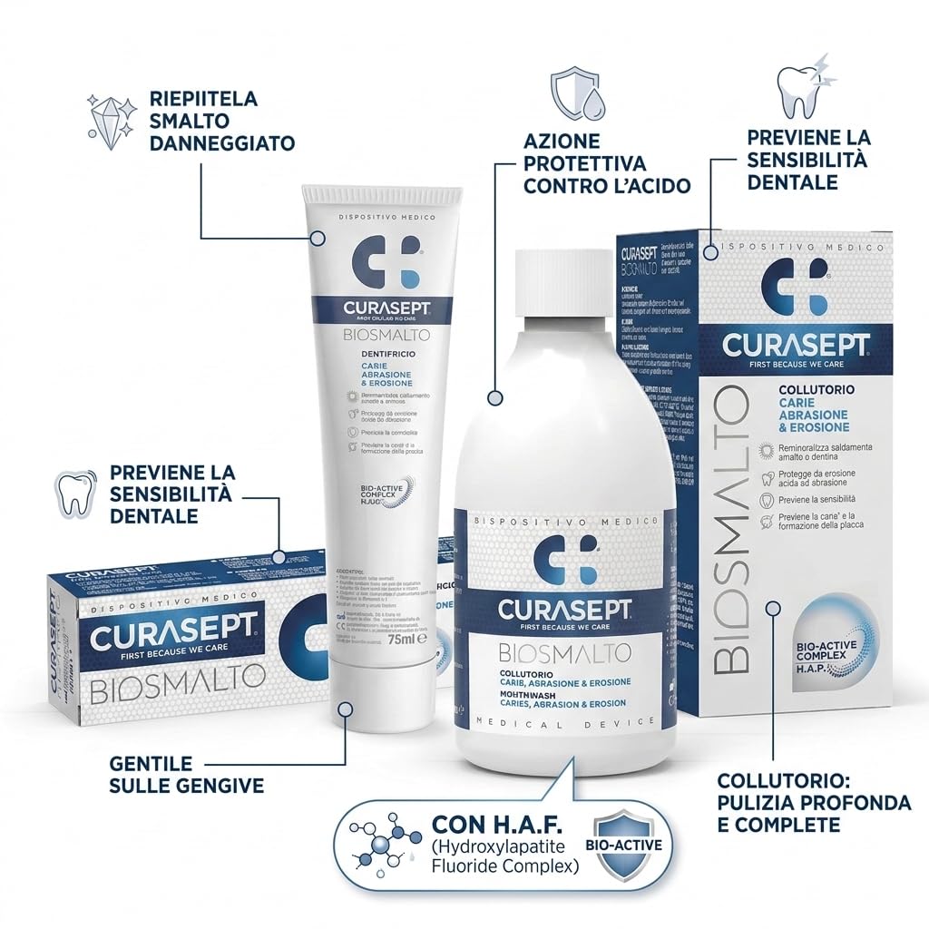 Kit 3 Pezzi Biosmalto Protezione Carie Curasept | Dentifricio 75ml + Collutorio 300ml + Spazzolino | Remineralizzazione Smalto, Prevenzione Abrasione ed Erosione, Igiene Orale Efficace
