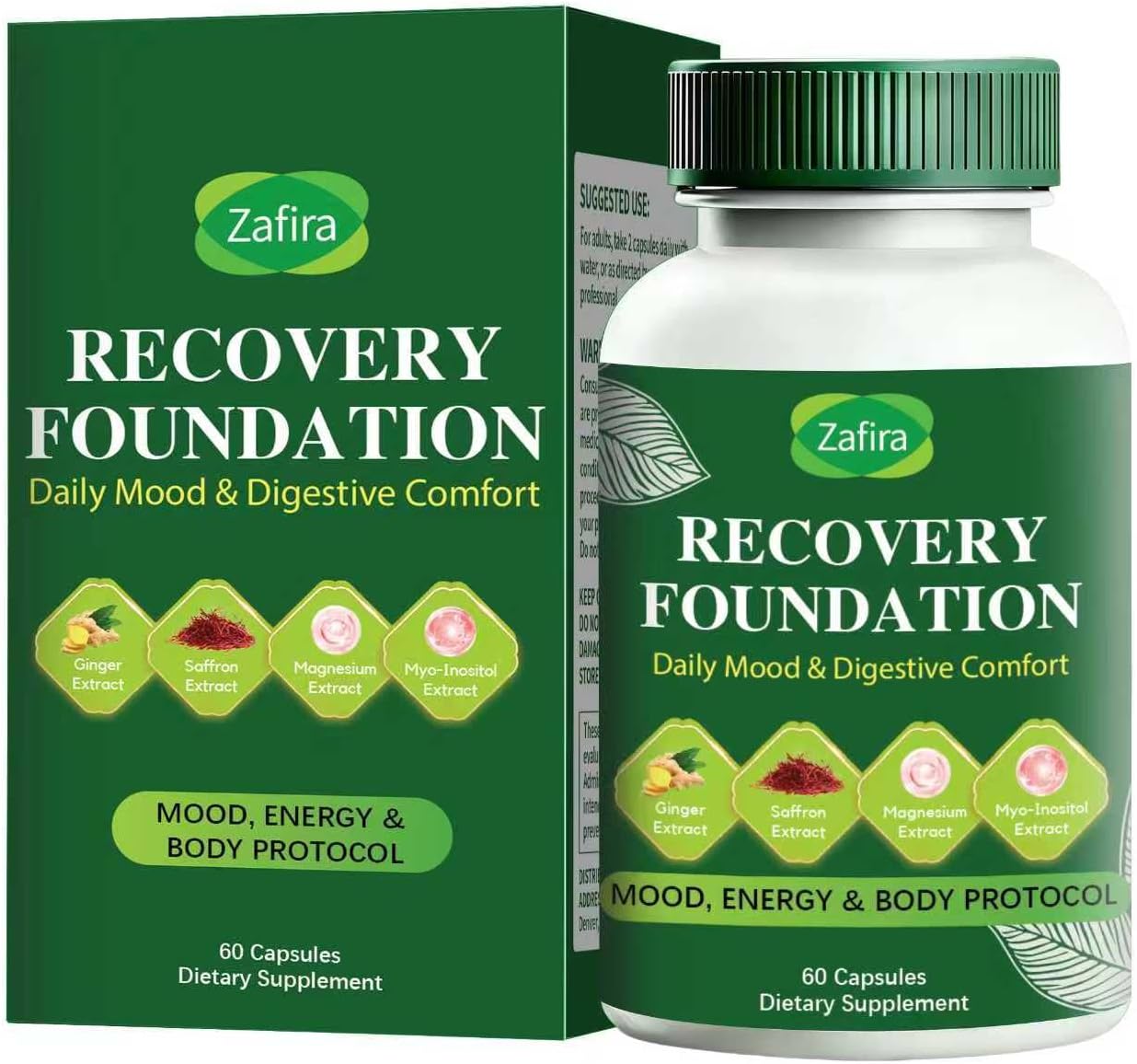 Zafira Recovery Foundation Capsules – Clear Mental Fog, Reduce Hair Loss & Boost Digestion | Clinically Tested, All-Natural Ingredients，Non-GMO, 60 Capsules