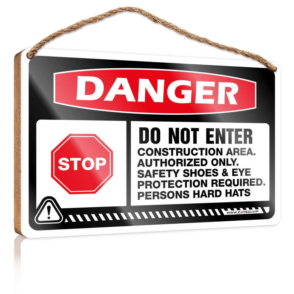 HMQW Front Door Decor Danger Do Not Enter Construction Area Wooden Sign Funny Man Cave Signs Lake House Decor(15X28CM)