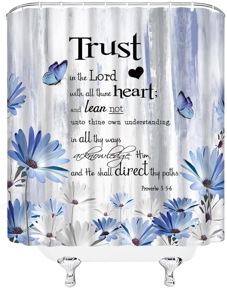 Inspirational Quote Trust in The Lord Shower Curtain Rutsic Blue Daisy Flower Butterfly Abstract Painting Farmhouse Fabric Bathroom Decor Fabric Curtain with Hooks